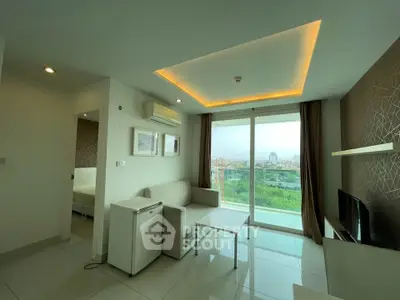 Modern living room with large windows and city view, featuring sleek furniture and ambient lighting.