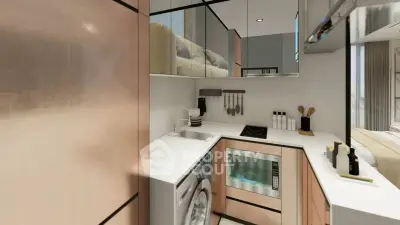 Modern compact kitchen with integrated appliances and sleek cabinetry
