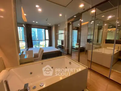 Luxurious modern apartment with jacuzzi and city view, featuring elegant bedroom and spacious layout.