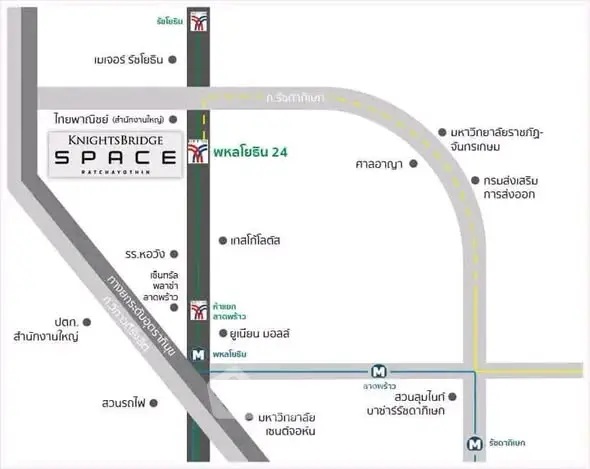 Map showing location of Knightsbridge Space Ratchayothin with nearby landmarks and transit options.