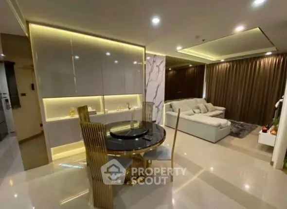 Luxurious modern living room with elegant lighting and plush seating