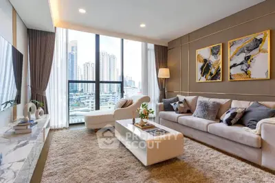 Luxurious living room with modern decor and stunning city view through large windows.