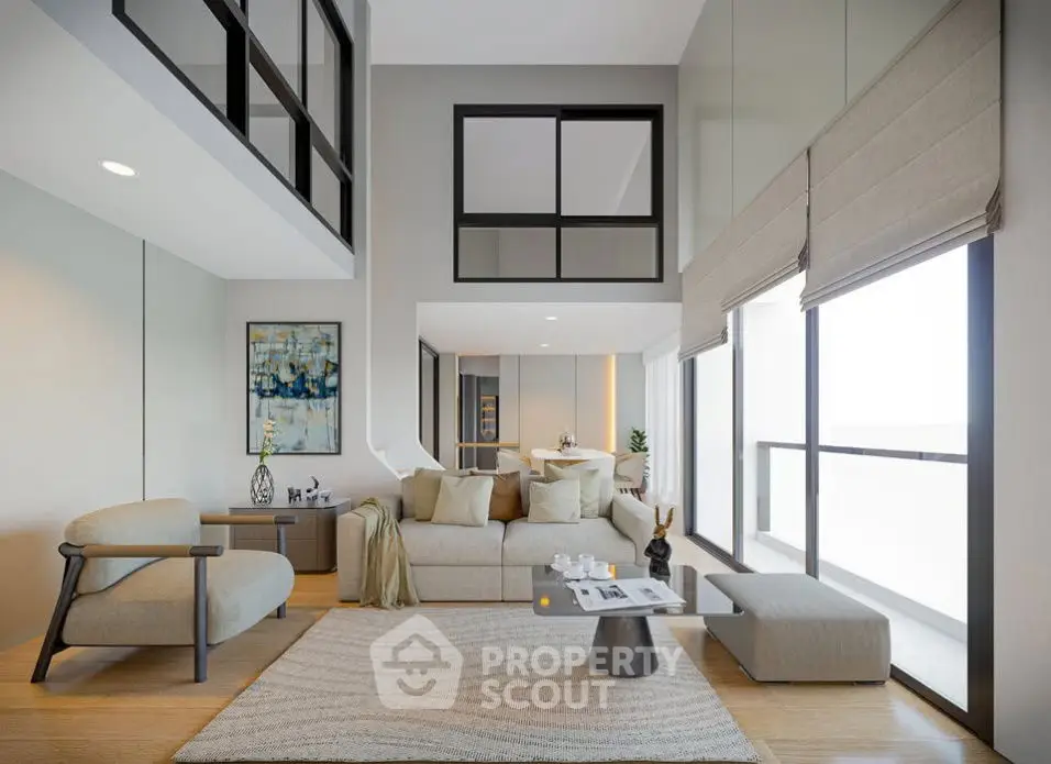 Modern living room with high ceiling and stylish decor