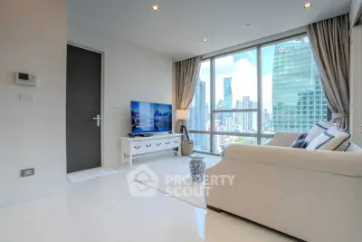 Modern living room with city view, featuring sleek furniture and large windows for natural light.