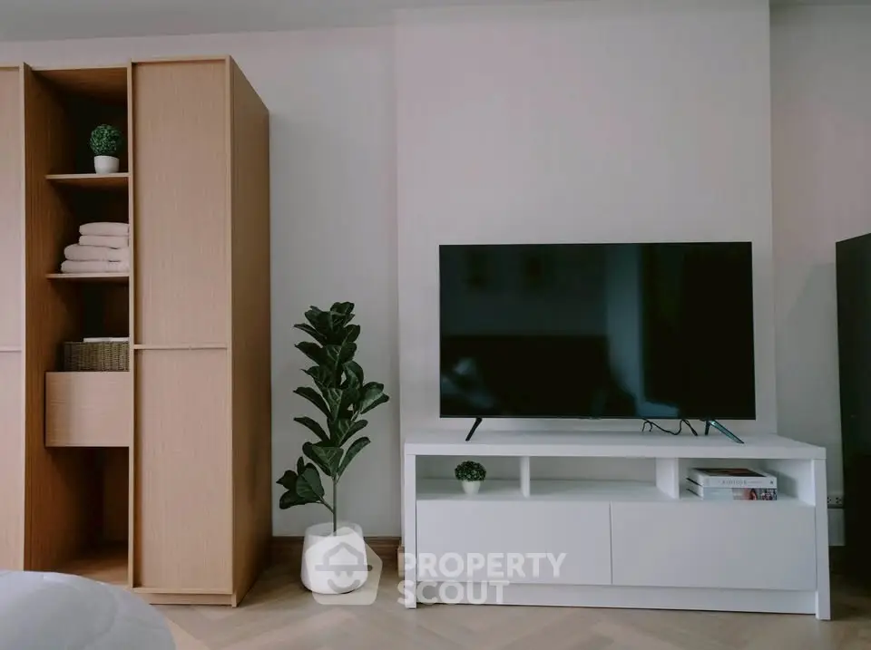 Modern living room with sleek TV stand and stylish storage cabinet