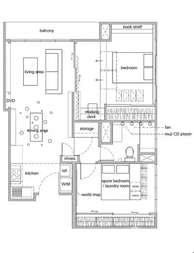 Spacious apartment floor plan with balcony, living area, dining area, kitchen, and two bedrooms.