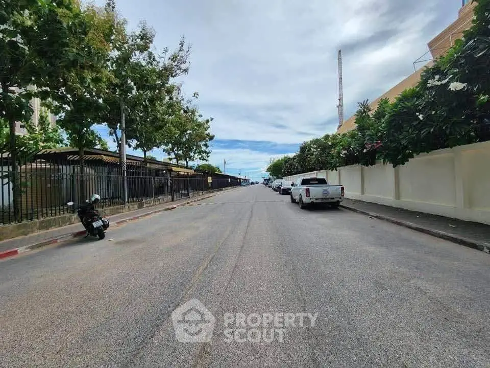 Quiet residential street with parked vehicles and lush greenery