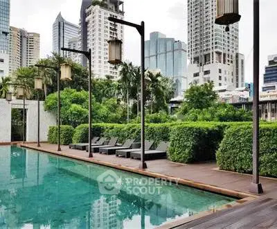 Luxurious urban poolside with city skyline views and lush greenery, perfect for relaxation and leisure.