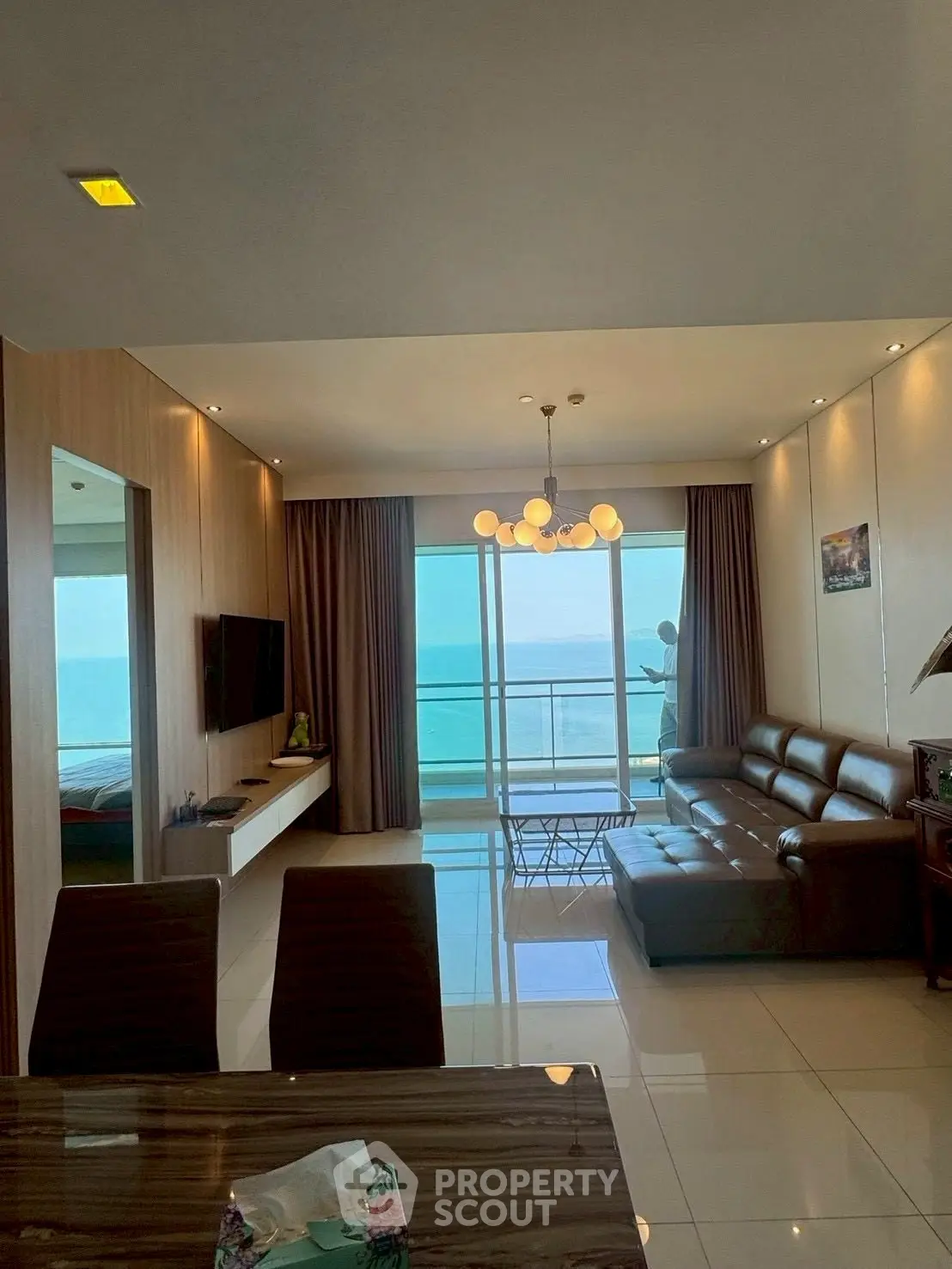 Luxurious living room with ocean view and modern furnishings