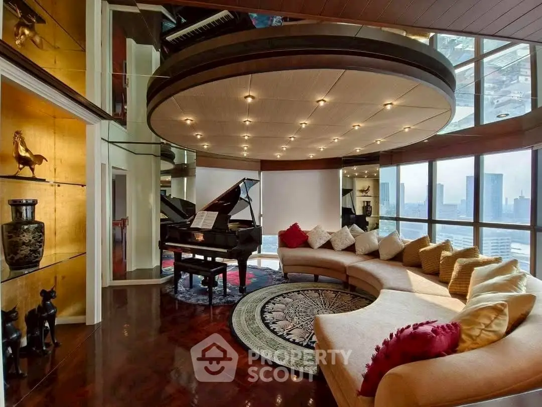 Luxurious living room with grand piano and city skyline view, featuring elegant decor and plush seating.
