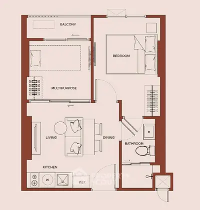 Modern apartment floor plan with balcony, bedroom, and open living area