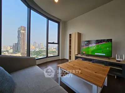 Modern living room with panoramic city view and stylish furniture