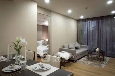 Modern living room with elegant dining area and cozy bedroom view