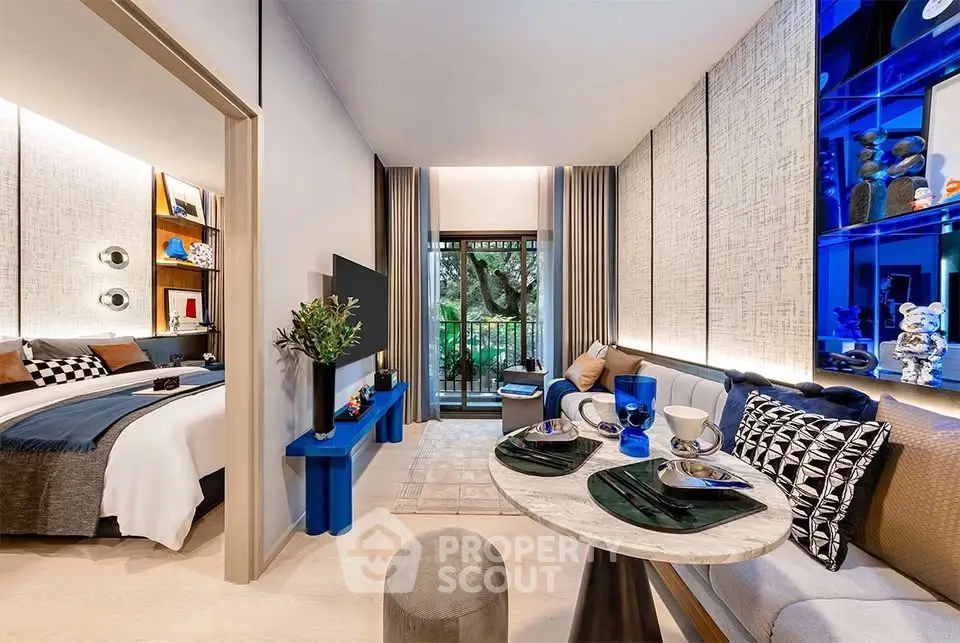Stylish modern living room with elegant decor and balcony view