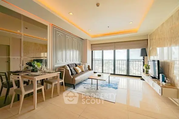 Luxurious modern living room with elegant decor and large windows offering stunning views.