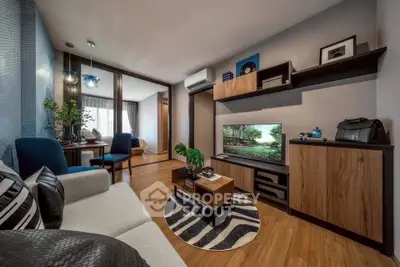 Modern living room with stylish decor and wooden flooring