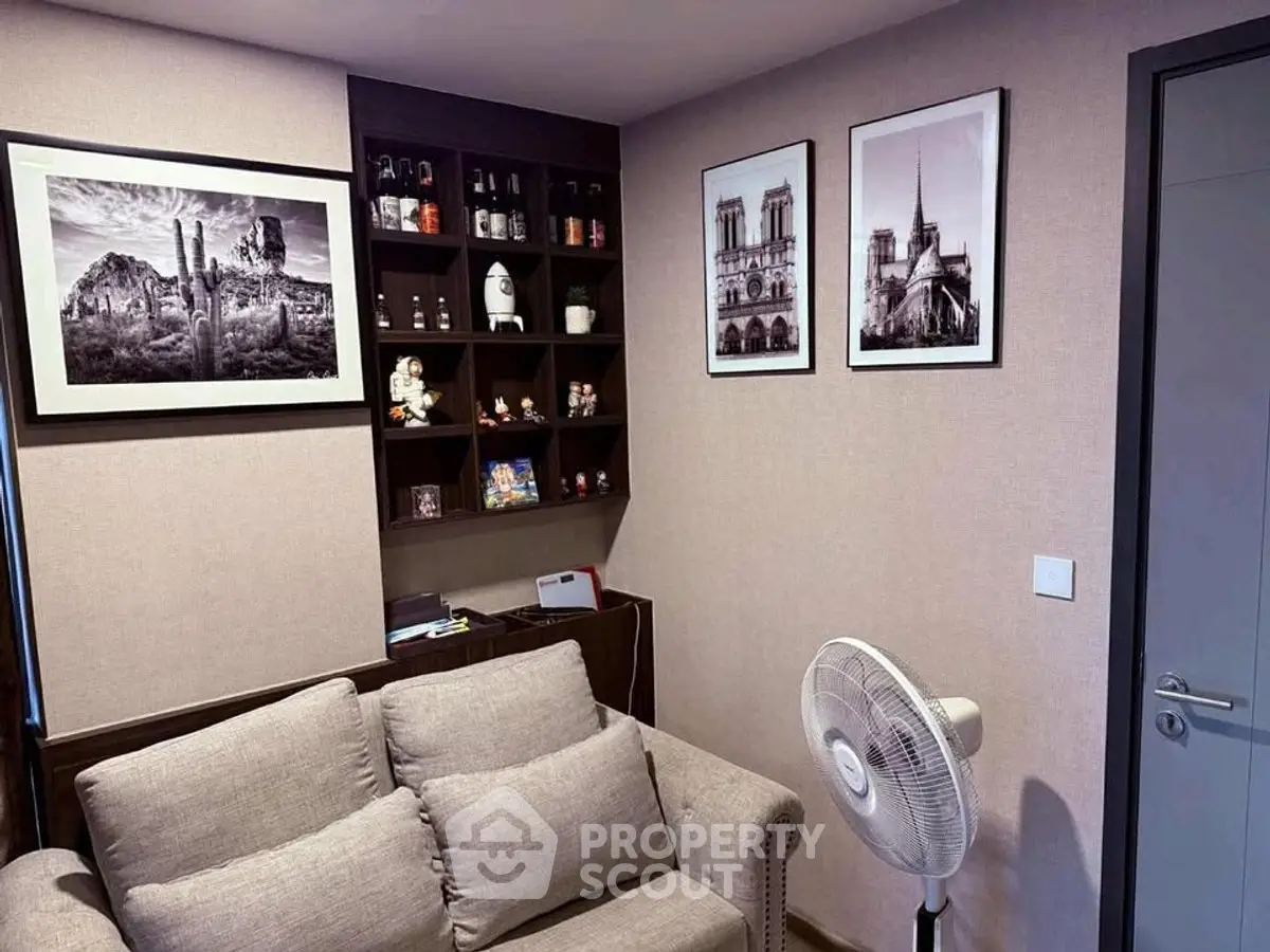 Cozy living room with modern decor and stylish wall art