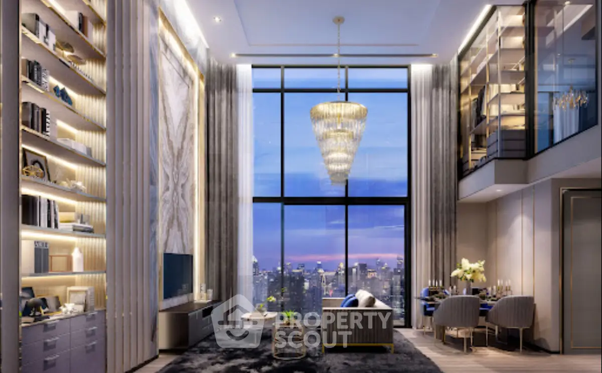 Luxurious high-ceiling living room with stunning city view and elegant chandelier