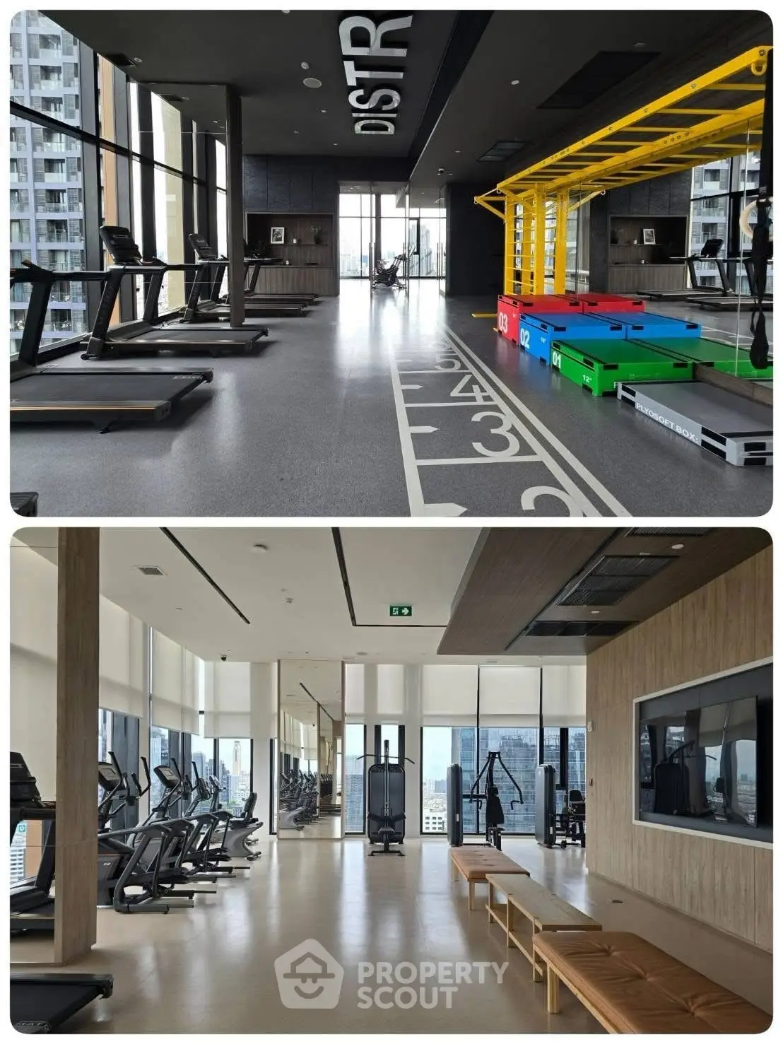 Modern gym with panoramic city views and state-of-the-art equipment