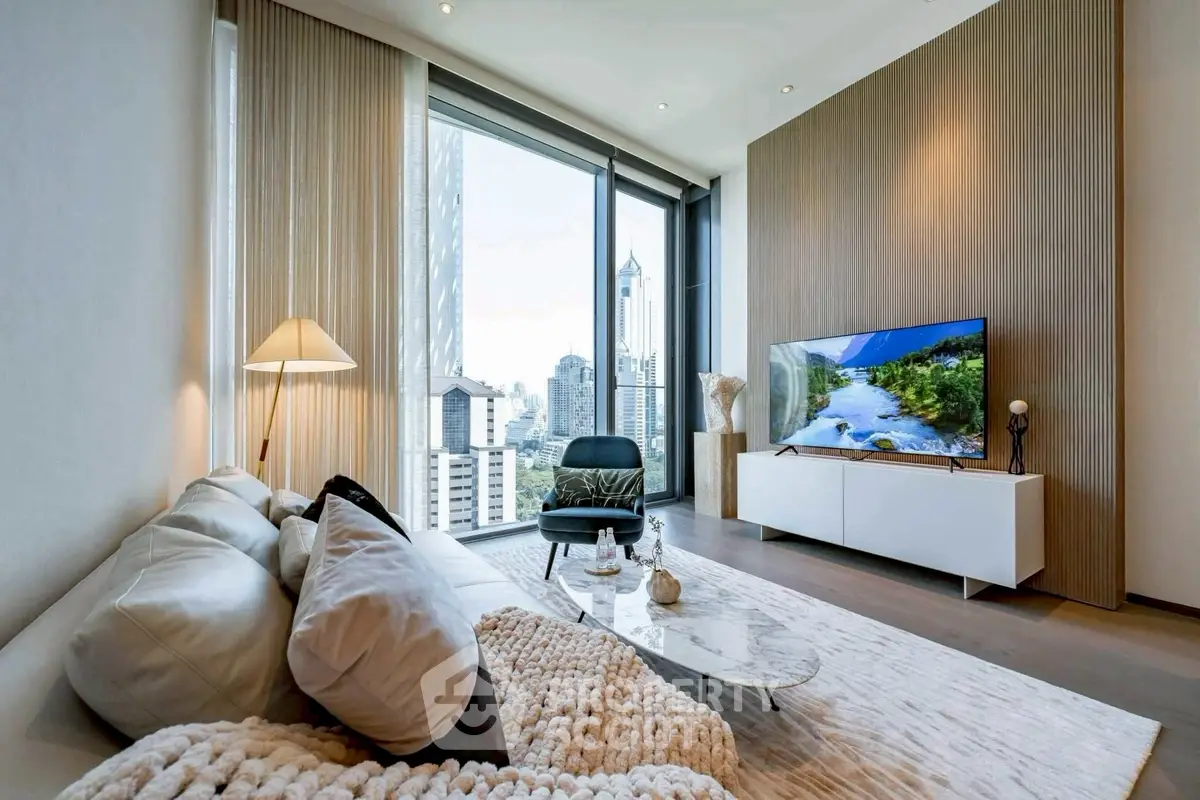 Luxurious living room with panoramic city view and modern decor