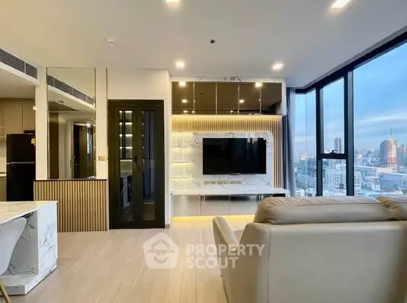 Luxurious modern living room with panoramic city view and elegant decor