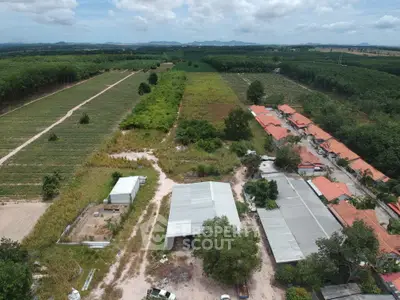 Aerial view of expansive agricultural land with buildings and lush greenery.