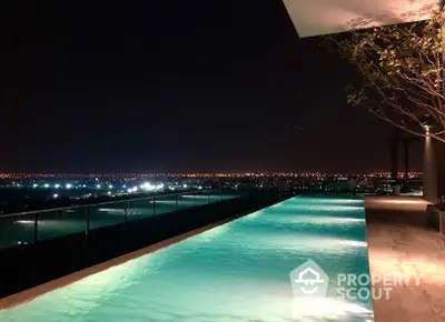 Luxurious rooftop infinity pool with a stunning night view of the cityscape, perfect for upscale urban living and entertaining guests.