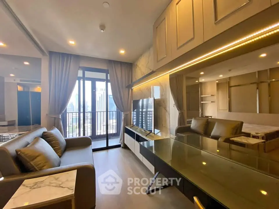 Luxurious living room with modern decor and city view balcony