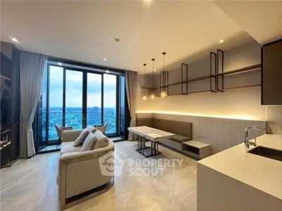 Luxurious modern living room with stunning city view and elegant furnishings.