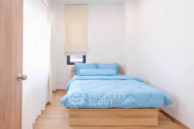 Cozy minimalist bedroom with blue bedding and natural light