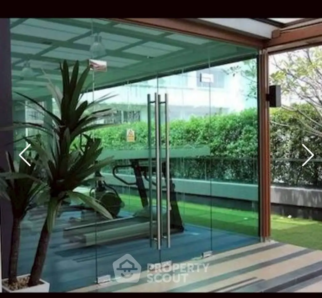 Modern gym with glass doors and lush greenery view, perfect for fitness enthusiasts.