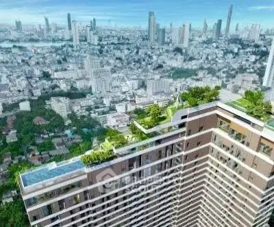 Stunning aerial view of modern high-rise building with rooftop garden and cityscape backdrop.