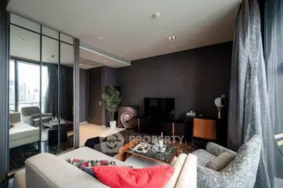Luxurious modern living room with city view, stylish furniture, and elegant decor in high-rise apartment.