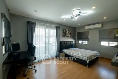 Spacious modern bedroom with stylish decor and natural light