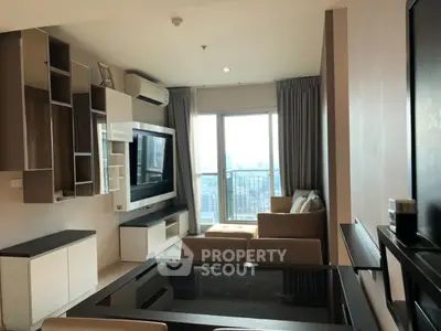 Modern living room with city view and stylish furniture