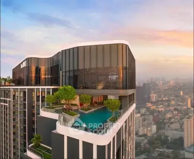Luxurious high-rise condominium with rooftop pool and panoramic city views, featuring modern architecture and lush greenery.