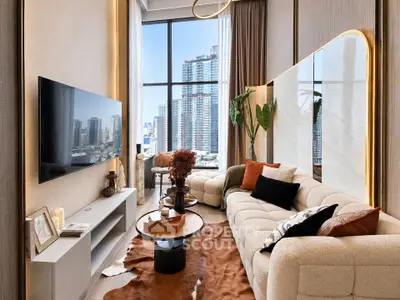 Luxurious modern living room with stunning city view and elegant decor