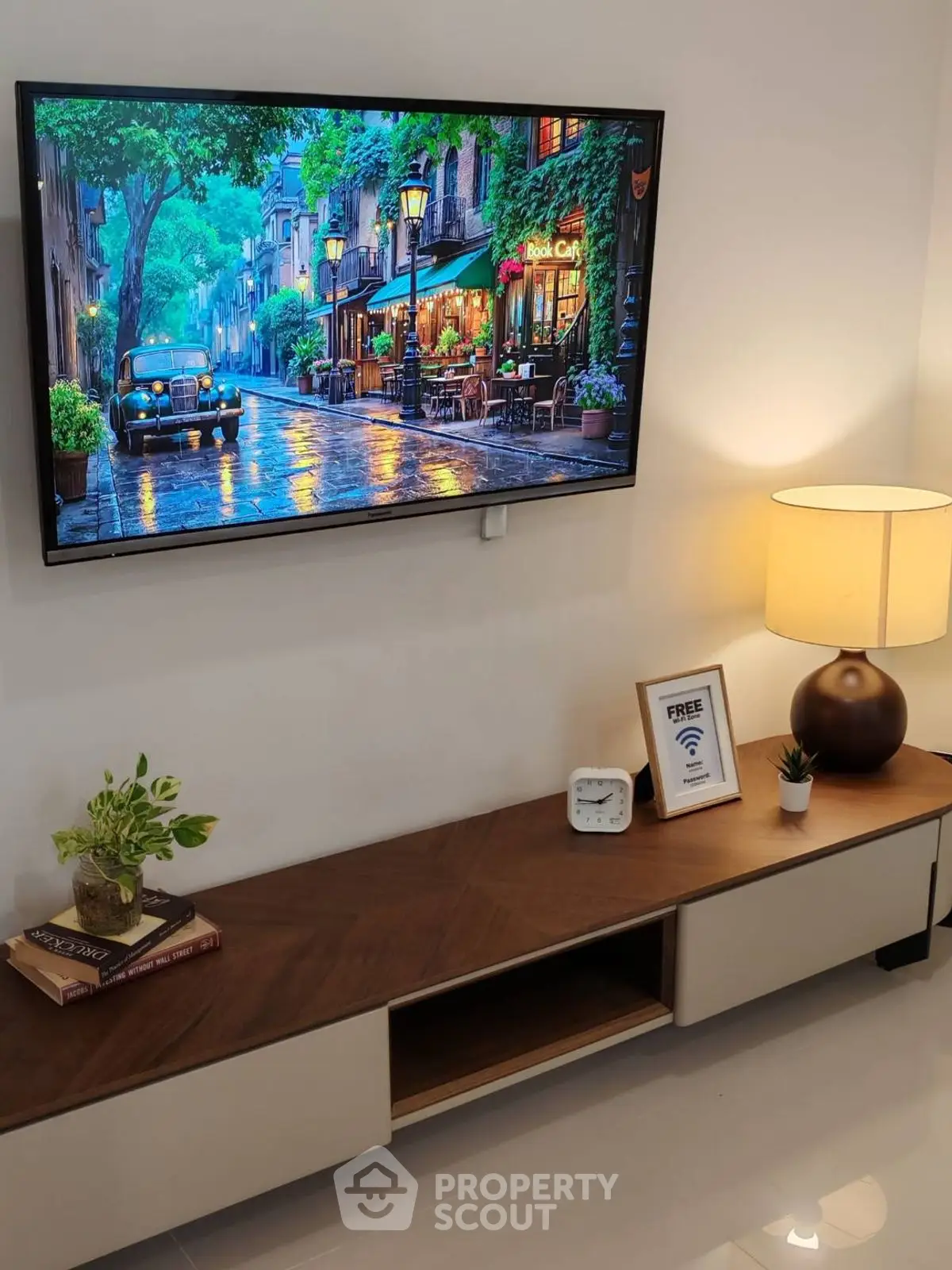Modern living room with stylish TV setup and elegant decor