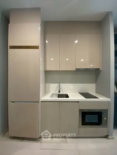 Modern compact kitchen with sleek cabinets and built-in appliances