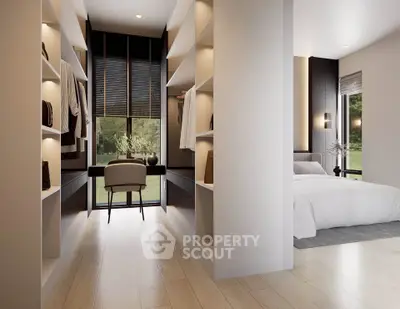 Luxurious bedroom with walk-in closet and scenic window view, showcasing modern design and elegance.