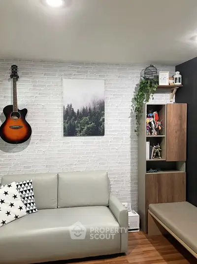 Stylish living room with guitar decor and modern furniture