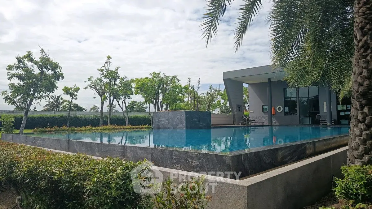 Luxurious modern poolside view with lush greenery and sleek architecture