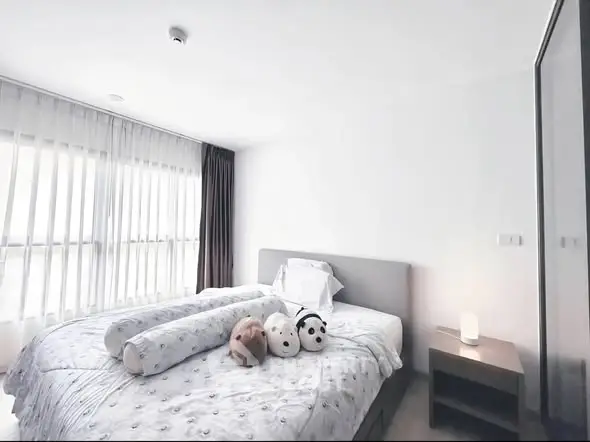 Bright and cozy bedroom with plush bedding and ample natural light