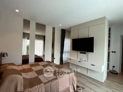 Spacious modern bedroom with stylish decor and large windows