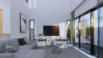 Spacious modern living room with large windows and stylish decor