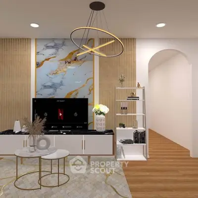 Modern living room with stylish decor and elegant lighting