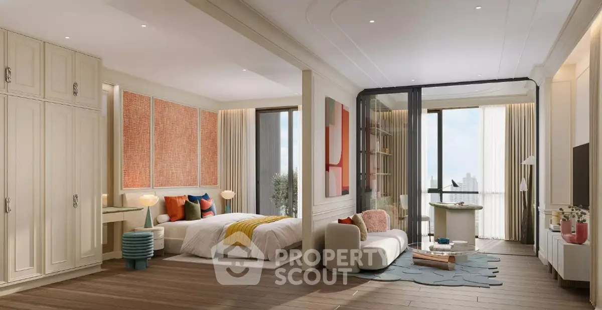 Luxurious bedroom with modern decor and large windows offering stunning views.