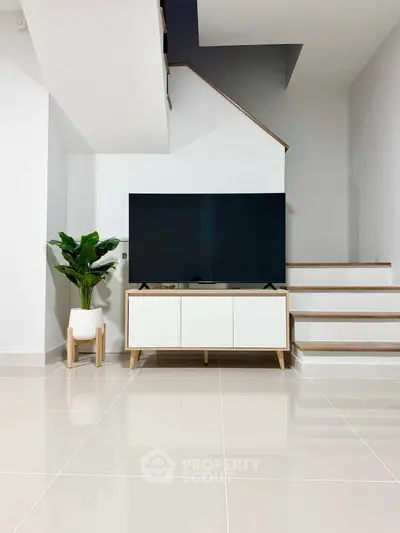 Modern living room with sleek TV stand and indoor plant