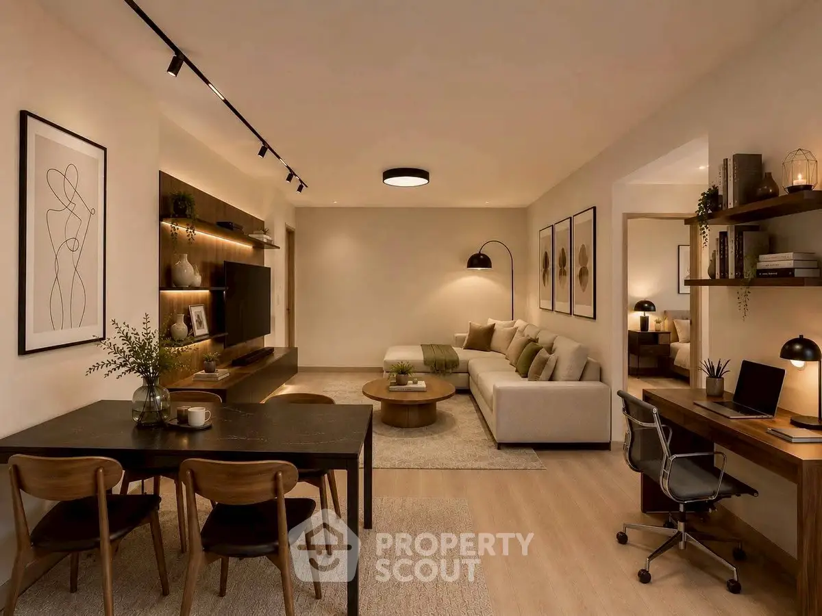 Modern living room with stylish decor, cozy seating, and elegant lighting, perfect for relaxation and entertainment.