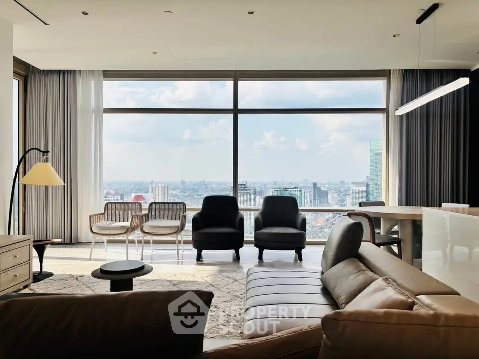 Luxurious living room with panoramic city view, modern furniture, and abundant natural light.